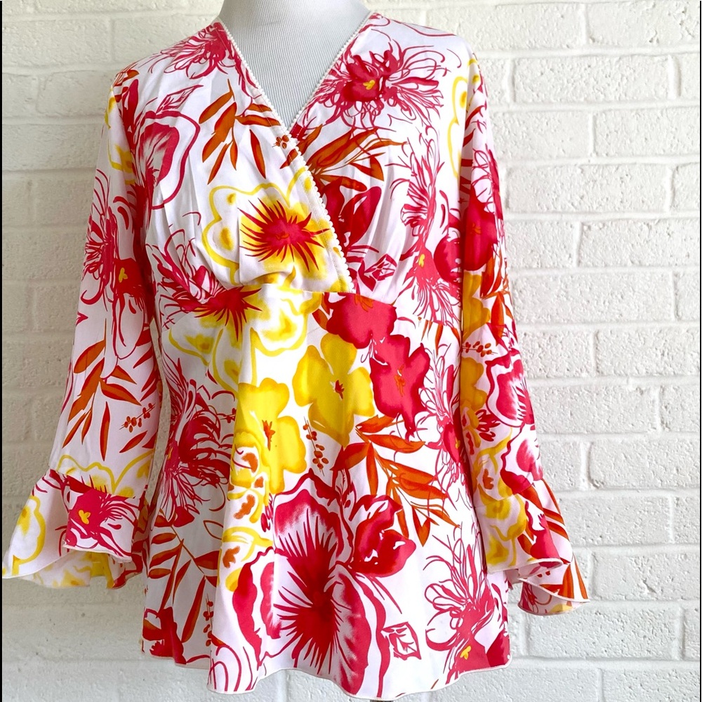 CATO Floral Blouse Ruffle Sleeve Medium Surplice Wrap Style Pink White Boho